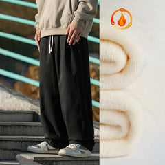 Hehope 2024 Fleece Casual Pants Men Autumn Winter New Baggy 100%Cotton Elastic Straight Leg Pants for Man Korean Streetwear