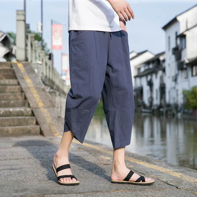 Hehope Cotton and Linen Capri Pants Men's Summer Thin Linen Pants Casual Beach Pants Men's Pants Shorts