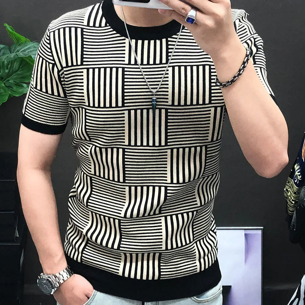 Hehope Diamond Check Contrast Knit T-Shirt High Elasticity Short Sleeve Slim Bottomed Tshirt Men Top Quality Streetwear Knitted Top