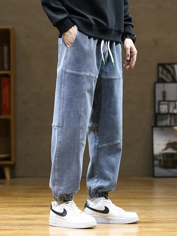 Hehope New Autumn Men's Jeans Fashion Drawstring Stretched Cotton Baggy Denim Jogger Pants Men Harem Jean Trousers Large Size 8XL