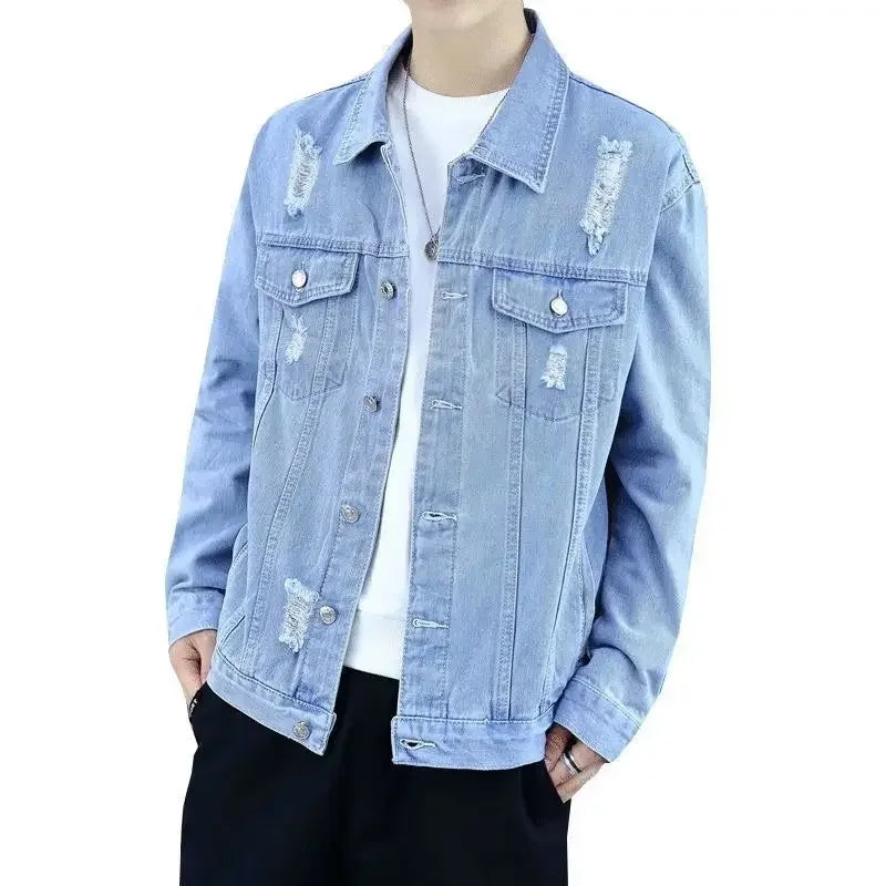 Hehope Denim Jackets Man Light Ripped Jeans Coat for Men Cargo Short Casual Slim with Hole One Piece Aesthetic High Quality G Vintage