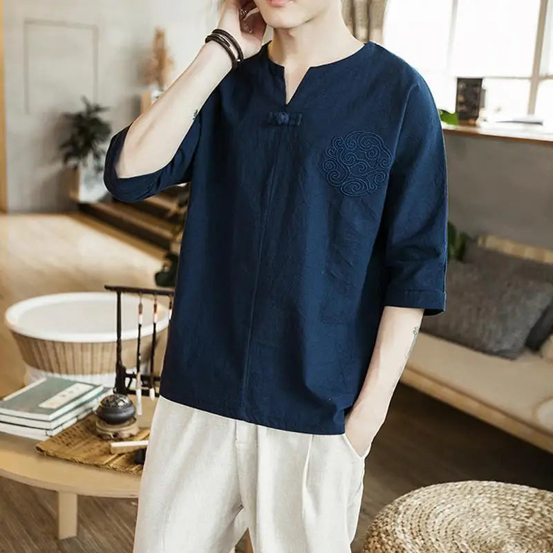 Hehope Vintage Fashion Pullovers Casual Loose Solid T-Shirts Button Embroidery Round Neck Comfortable Men's Clothing Spring Summer Man