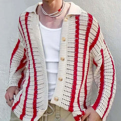 Hehope Autumn and Winter Fashion Sexy Hollow Men's Knitwear All-in-one Striped Men's Cardigan Muscle Men's Cut-out Knit Sweater Casual