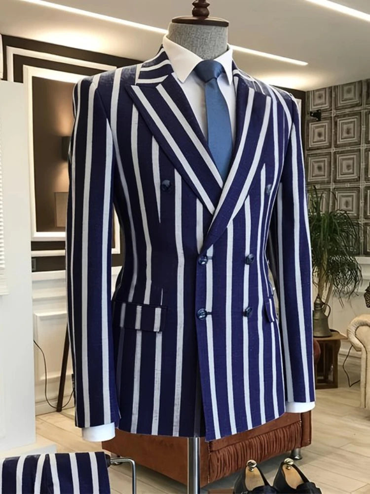 Hehope 2Pcs Mens Blazer Sets Suits Casual Blazer Business Striped Turndown Collar Double Breasted Blazer Suit for Work and Daily Wear