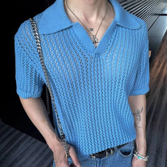 Hehope Fashion Turn-down Collar Knitted Polo Shirt Men Casual Short Sleeve Hollow Out Breathable Knit Tops Summer Mens Knitting Clothes