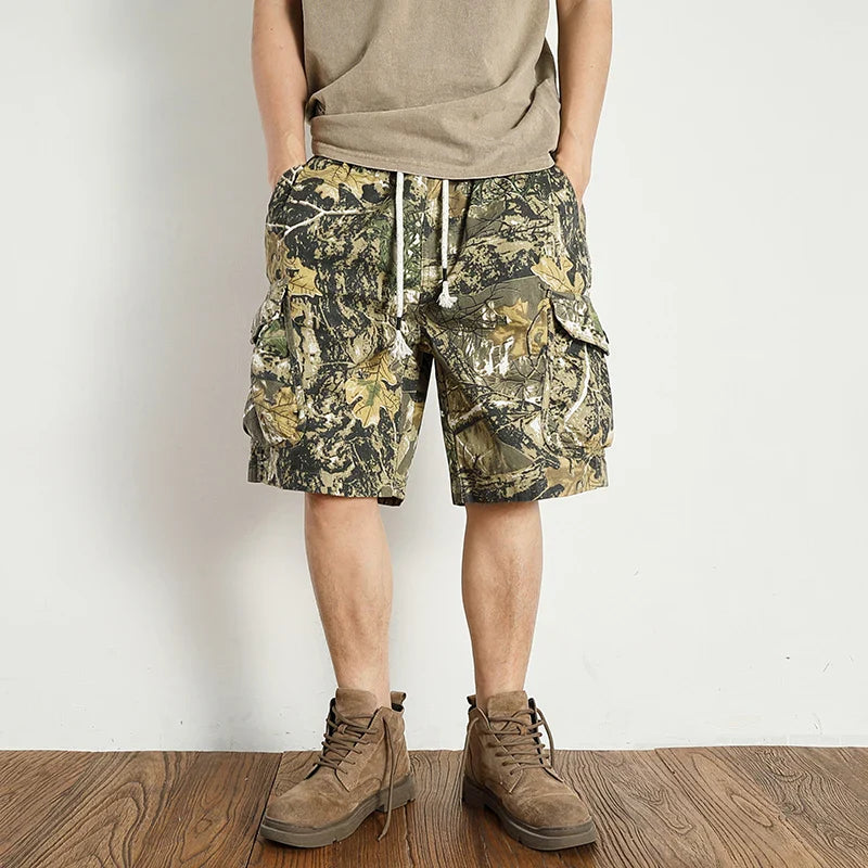 Hehope Vintage De Spot Camouflage Cargo Shorts Men's Loose Straight Leg Summer New Multi-pocket Quarter Pants Casual Pants Trend