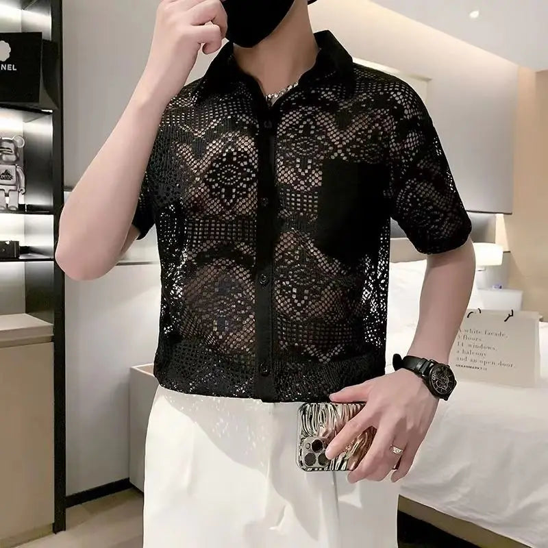 Hehope Summer Fashion Ice Silk Shirts For Men Sexy Lace Breathable Hollow Out Tops Turn-down Collar Pocket Short Sleeved Shirt Male