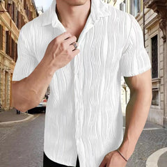 Hehope Summer Men's Shirts Loose Casual Trend Solid Color Cardigan Stripe Jacquard Short-Sleeve Fashion Breathable Shirt For Male Tops