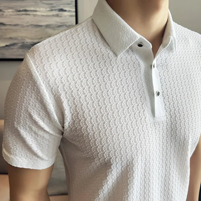 Hehope High Elasticity Men Polo Shirt 2024 Summer New Ice Silk Waffle Solid Color Short Sleeved Casual Lapel T-shirt Men Clothing