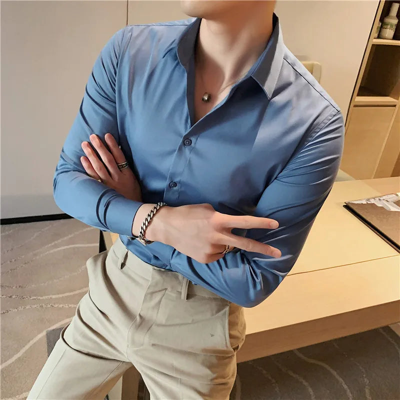 Hehope Top Quality Autumn New Solid Long Sleeve Tuxedo Shirt Men Clothing Simple All Match Slim Fit Business Shirts Formal Wear Blouses