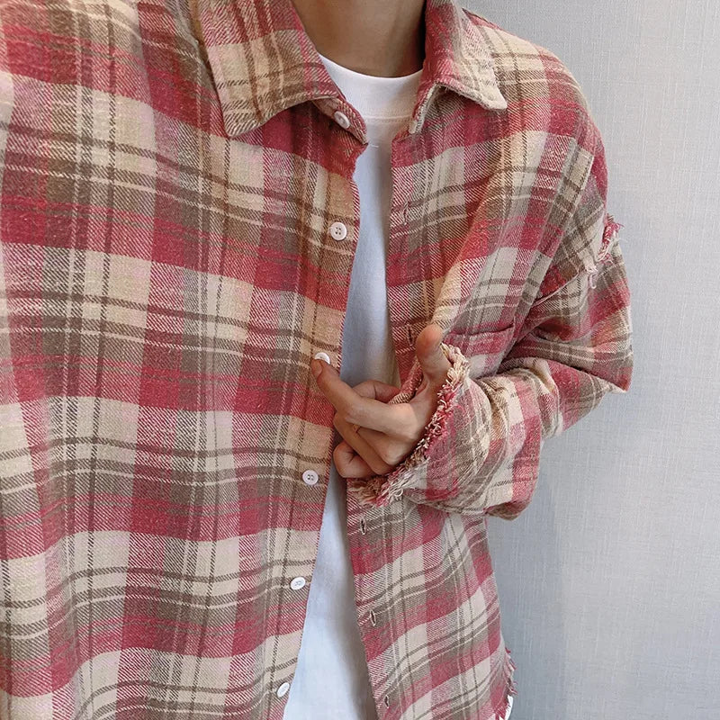 Hehope 2024 Loose Casual Pink Plaid Shirt Tops men's Clothing Autumn Retro Versatile Cotton Lapel Oversize Long Sleeve Shirt Blouse