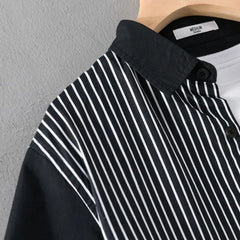 Hehope 2024 Summer Men's New Short Sleeved Trendy Casual Shirt Loose Contrast Stripe Splicing Comfortable and Versatile Shirt Outwear