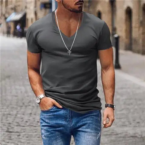 Hehope Summer Men V-neck Basic T-shirt Slim Solid Cotton Breathable Quick Dry Casual Sports Simple Versatile Bottoming Short Sleeve Top