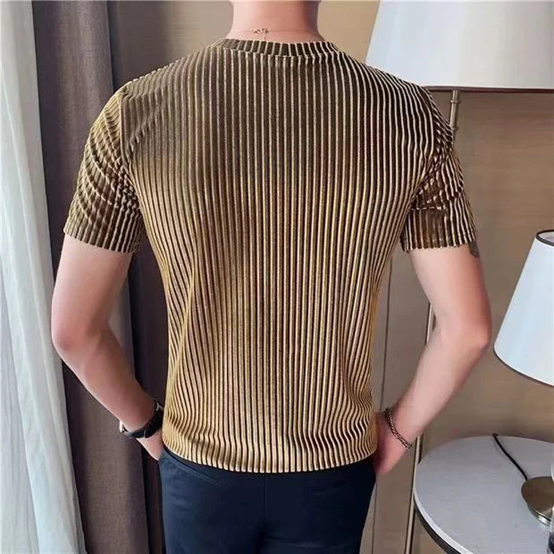 Hehope Fashion Summer Men Velvet T-Shirt Slim Solid Striped Casual O-neck TShirt Shorts Sleeve Tight Tees Top Club Costume Clothing 6XL