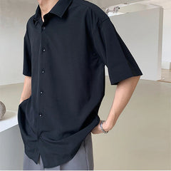 Hehope Summer Retro Dark Green Shirts for Men Ice Silk Drape Short Sleeve Korean Fashion Loose Casual Lapel No-iron Hawaiian Shirt Men