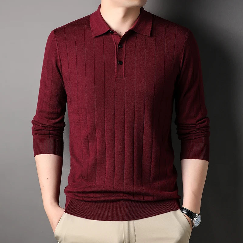 Hehope New  Knitted Sweater Men's Business Fashion Wool Blends Knitted Pullover  Lapel Polo Shirt | Classic Solid Color Pullover