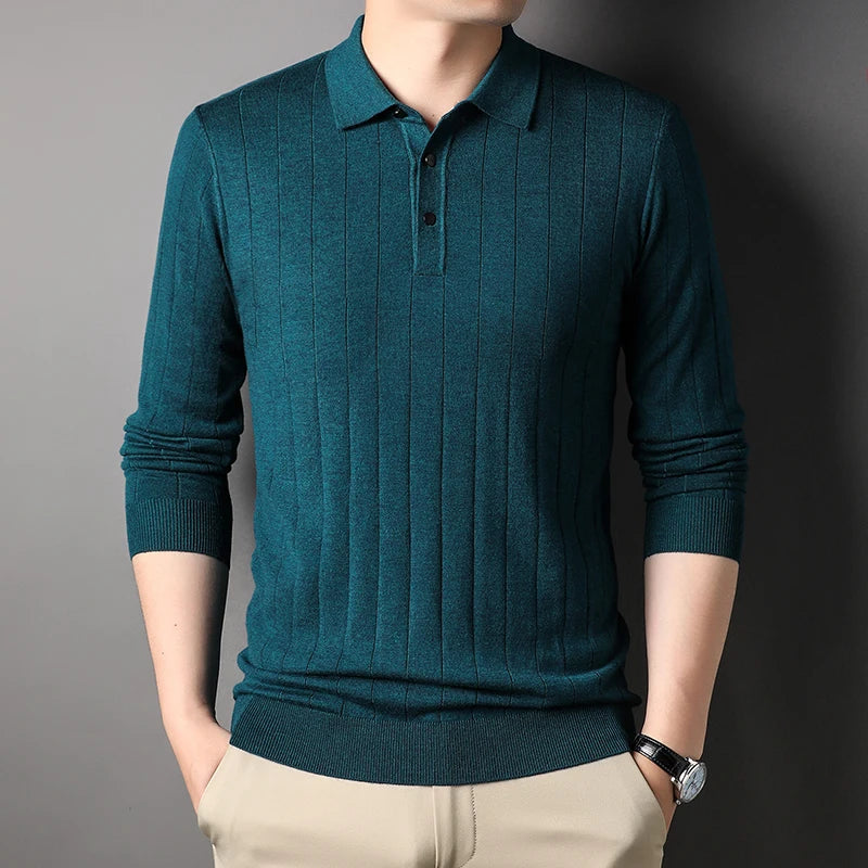 Hehope New  Knitted Sweater Men's Business Fashion Wool Blends Knitted Pullover  Lapel Polo Shirt | Classic Solid Color Pullover