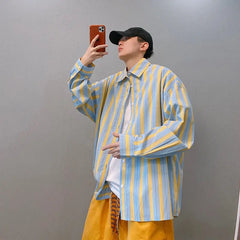 Hehope Spring and Autumn Fashion Brand Retro Contrast Yellow Blue Vertical Stripes Loose Relaxed Off Shoulder Long Sleeve Shirt