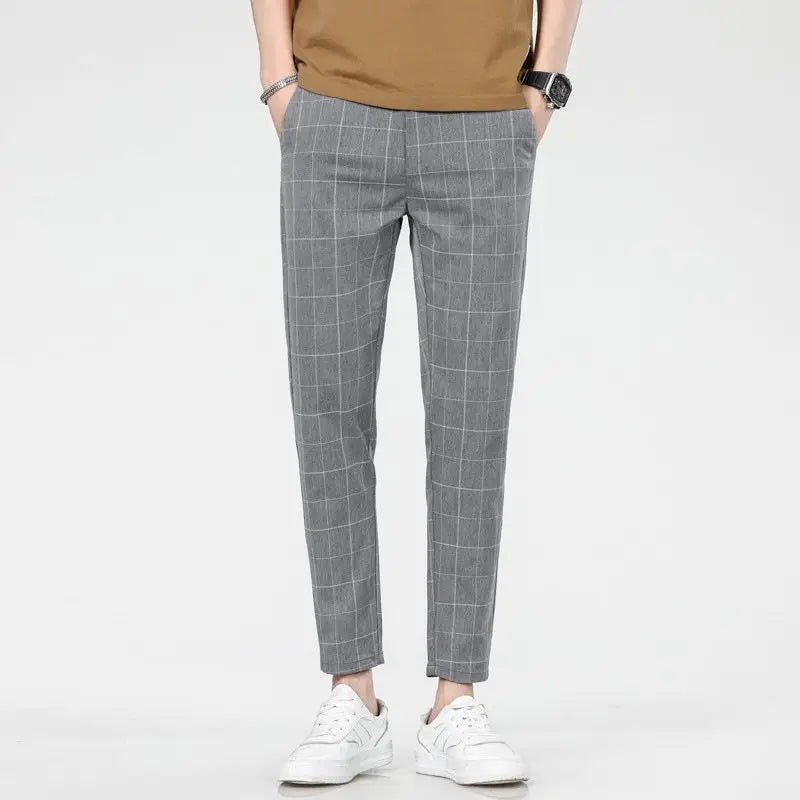 Hehope Fashion Minimalist Summer Casual Pants Men Elastic Plaid Thin Style Pockets Business Versatile Straight Ankle Length Trousers