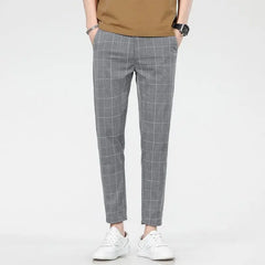 Hehope Fashion Minimalist Summer Casual Pants Men Elastic Plaid Thin Style Pockets Business Versatile Straight Ankle Length Trousers