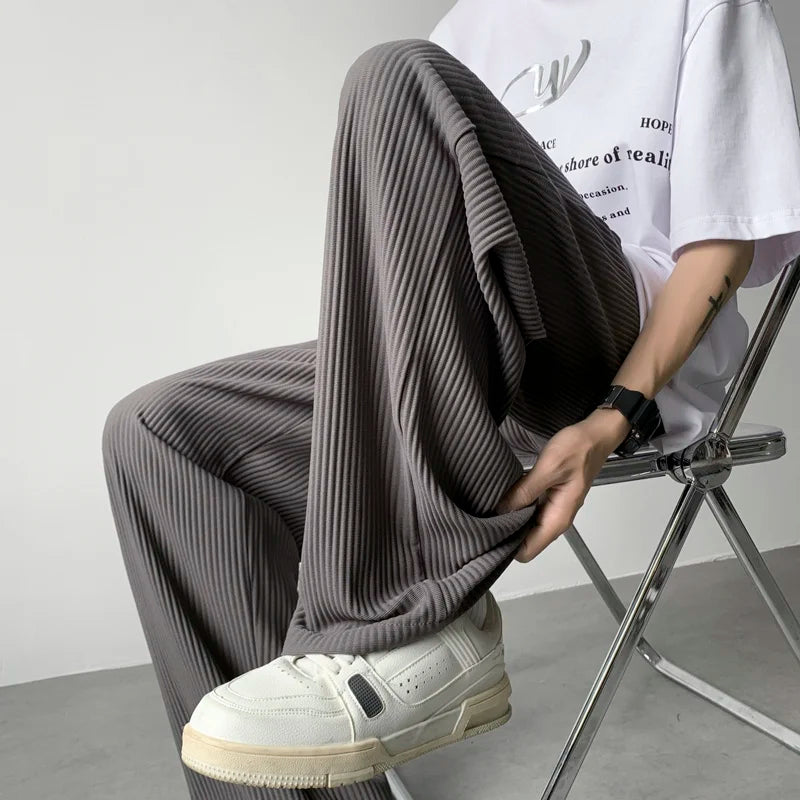 Hehope Summer Pleated Pants Men Fashion Oversized Ice Silk Pants Men Japanese Streetwear Hip-hop Loose Straight Pants Mens Trousers