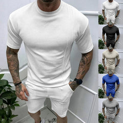 Hehope Trendy Simple Solid Color Mens Outfits Summer Fashion O Neck Short Sleeve Tops And Shorts Two Piece Sets Men Casual Loose Suits