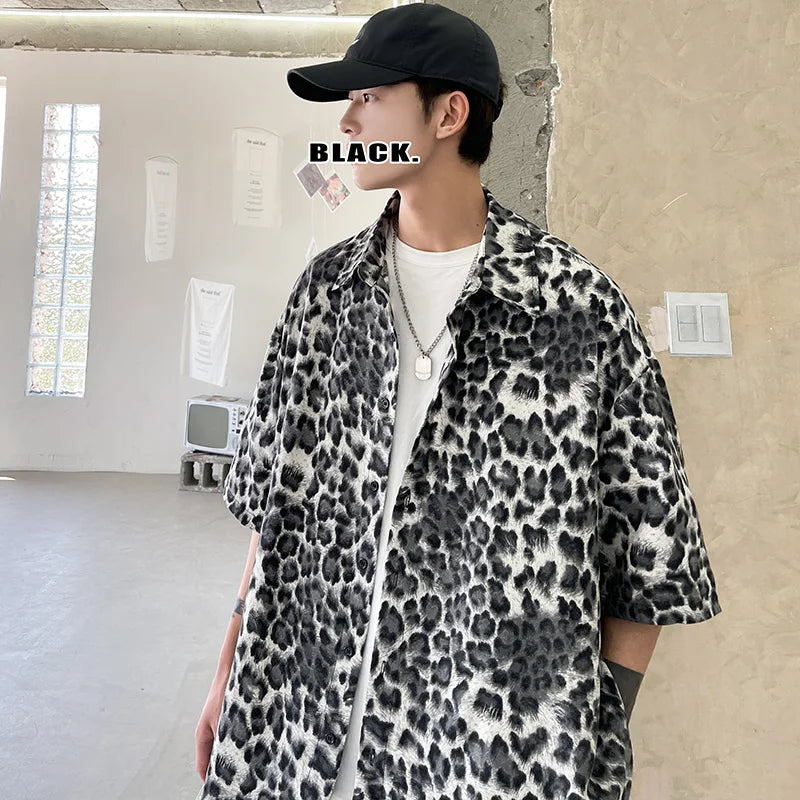 Hehope Brown/Gray Leopard Printed Shirt Men Loose Breathable Men's Shirts Summer Male Shirt High Street Casual Short Sleeve Tops