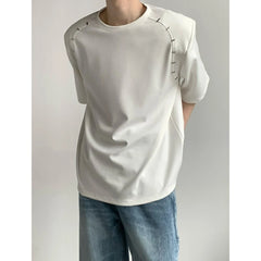 Hehope Korean Style Heavy Shoulder Pad Short Sleeve T Shirt Men Metal Niche Design Loose Casual Harajuku Solid Color Bottoming Shirt