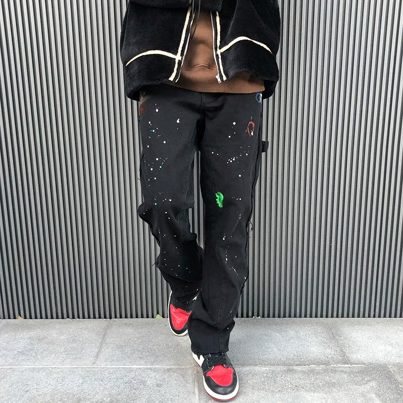 Hehope Streetwear Graffiti Cargo Flared Jeans Khaki Black Splash Ink Wide Leg Denim Pant Hip Hop Cargo Trousers Jean Men