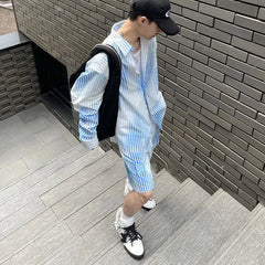 Hehope New Arrivals Fashion Shirt Suits for Men Korean Trend Long Sleeve Shorts Gradient Stripe Man Clothes Summer Casual Suit