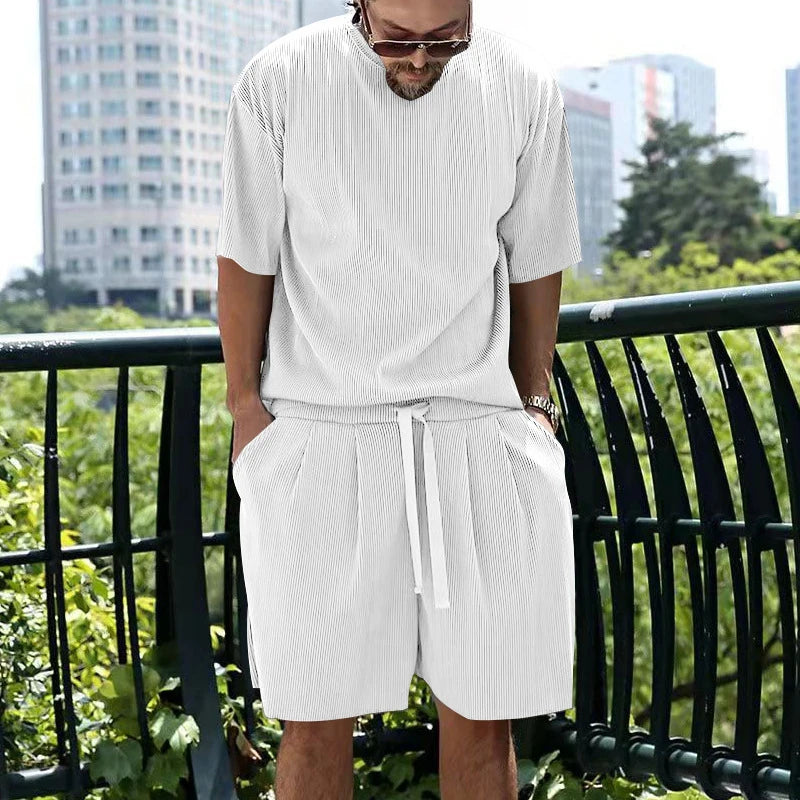 Hehope Streetwear Fashion Mens Pure Color Two Piece Outfits Short Sleeve O Neck T Shirt And Shorts Men Suits Casual Loose Ice Silk Set