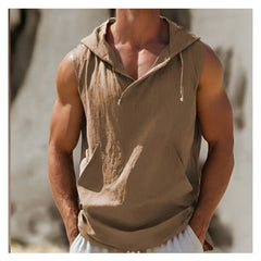 Hehope Men's Sleeveless Tee Tops Basketball Vest Summer Cotton and Linen Men's Vest Personalized White Hooded Vest Casual Sweatshirt