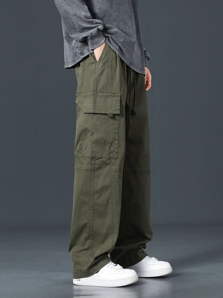 Hehope Spring Summer Baggy Cargo Pants Men Multi-Pockets Drawstring Straight Long Casual Pants Male Cotton Loose Trousers Plus Size 8XL