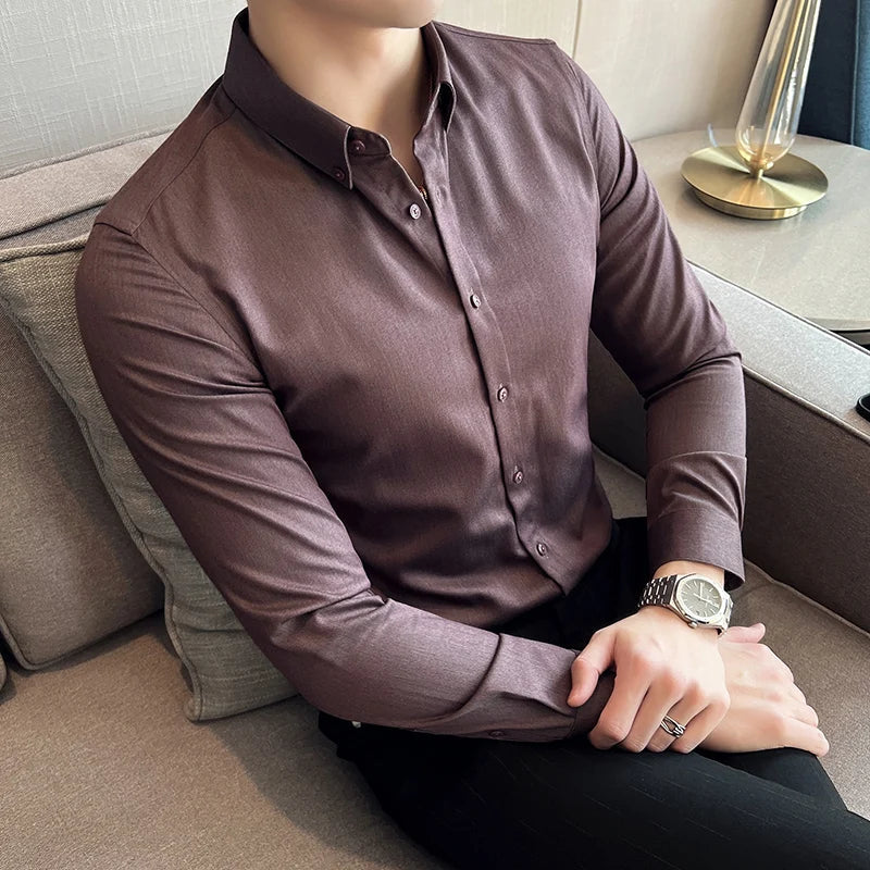 Hehope Longsleeve Shirts for Men Spring New High Quality Business Casual Stretch Slim Fit Solid Color Formal Shirts Mens Clothing