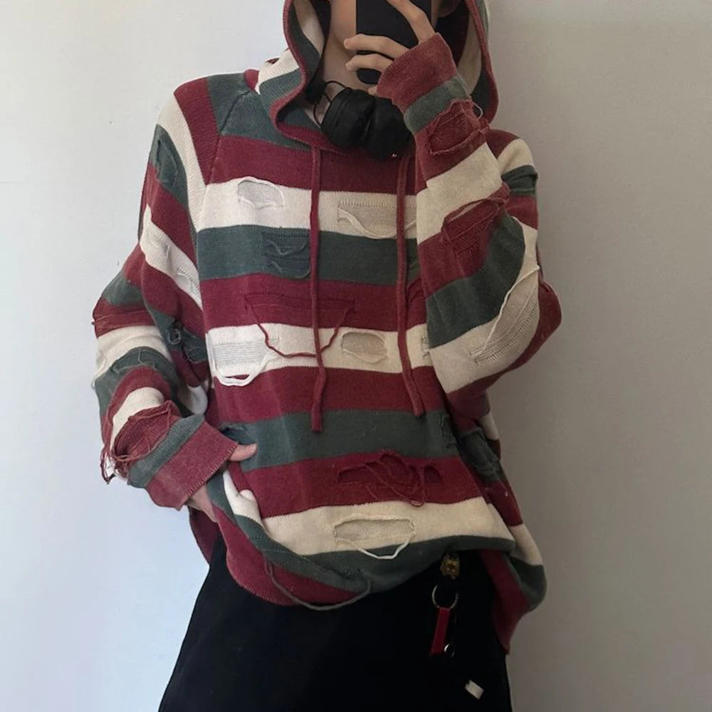 Hehope Holed Striped Lazy Style Hooded Sweater Mens American Retro Loose Comfortable Casual Trendy Autumn Winter Knitted Sweater Jacket