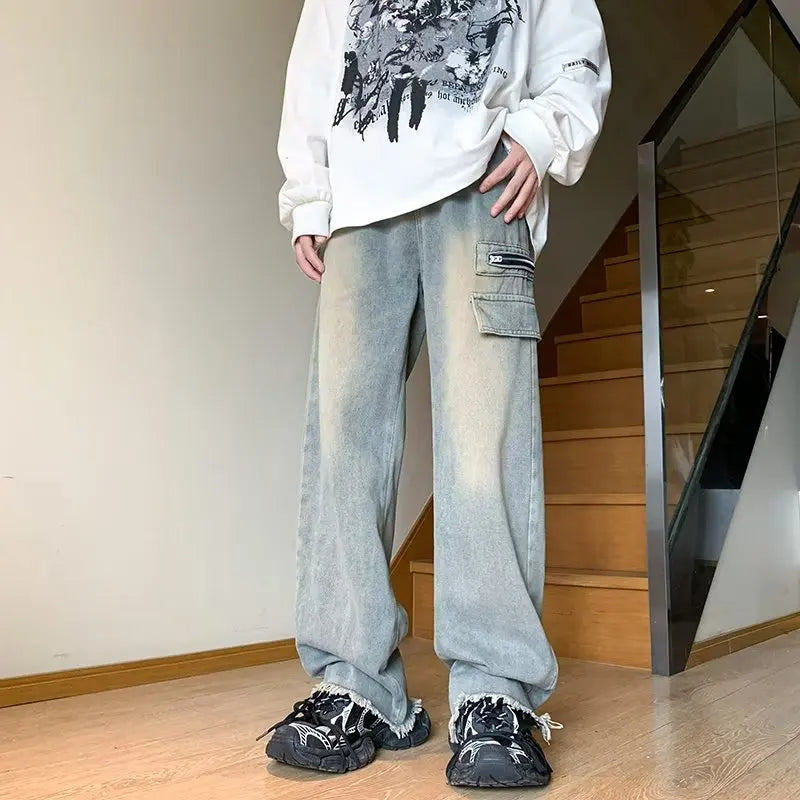 Hehope Autumn New Cargo Pants Streetwear Patchwork Jeans Wide Leg Pants Harajuku Casual Mopping Denim Pants Men Clothing Y2K