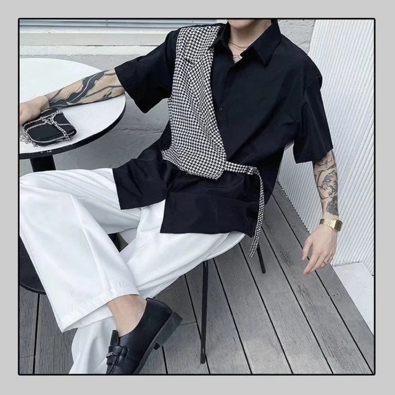 Hehope Summer Casual Men's Clothing Handsome Trend Korean Version Short Sleeve Polo-Neck Single-breasted Fake Two Pieces Fashion Shirt