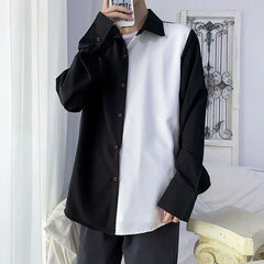 Hehope 2024 Spring and Autumn Korean Edition Trendy Black and White Spliced Korean Style Elegance High Grade Long Sleeved Shirt for Men