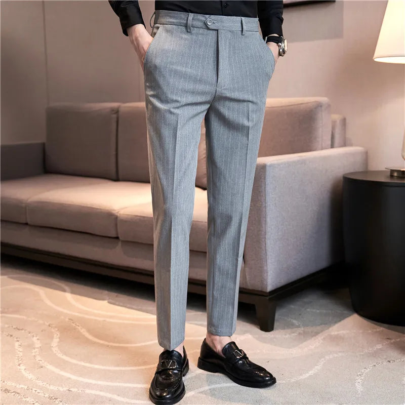 Hehope Autumn Winter Thickened Striped Suit Pant Men Business Slim Fit Long Pants Formal Office Social Party Casual Pants Streetwear