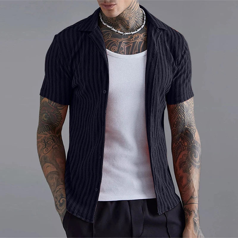 Hehope 2024 Summer Men's Casual Shirts Striped Short Sleeve Buttoned Lapel Shirt Men Tops Stylish Slim Cardigan Shirt Male Streetwear