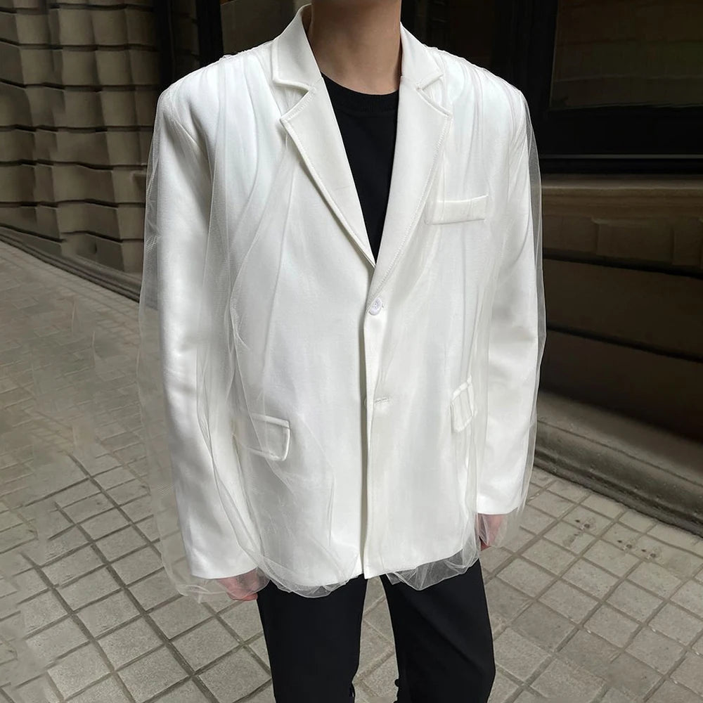 Hehope Korean Style Men's Mesh Splicing Suit Autumn New Trendy Handsome Casual Comfortable Loose Simple Fake Two-Piece Suit Jacket