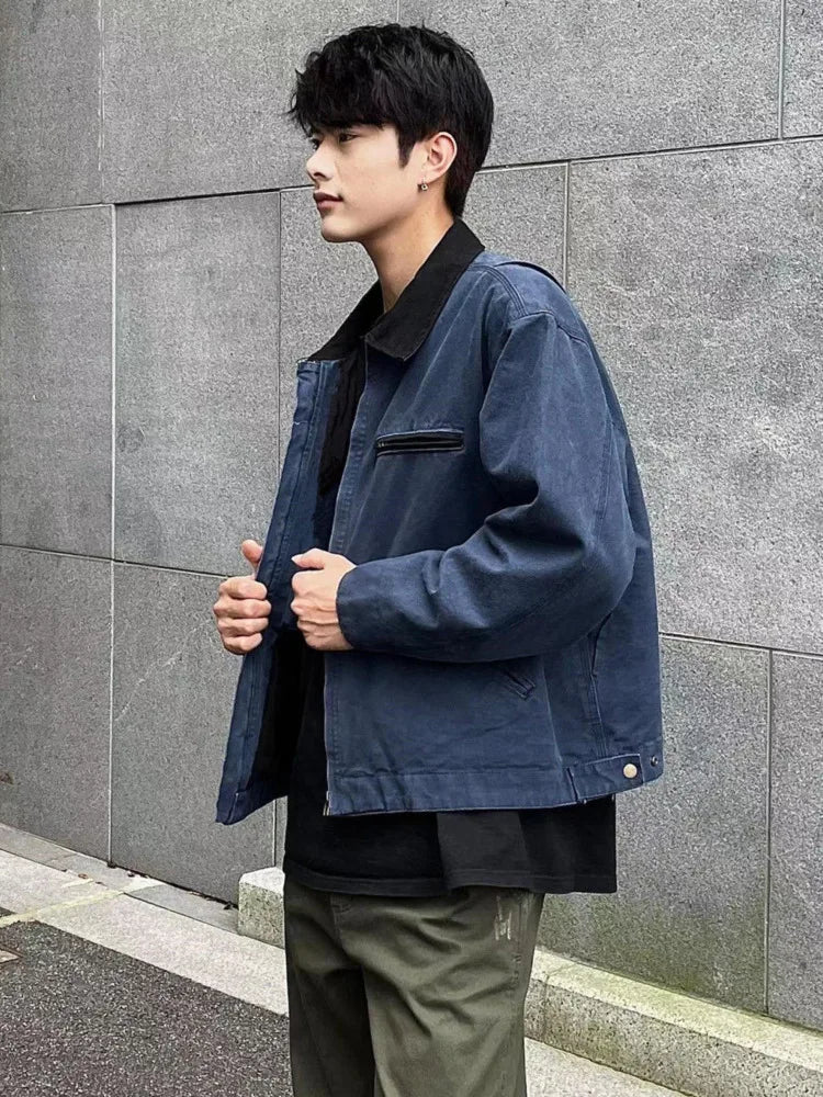 Hehope Vintage American Detroit Jacket Men Women Retro Solid Loose Cargo Coat Washed Cotton Casual Bomber Jacket Spring Autumn Top