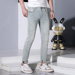 Hehope 2024 Summer Thin Jeans Men's Fashion Rhinestone Design Stretch Slim Fit Skinny Casual Fashion Brand Light Blue Pants