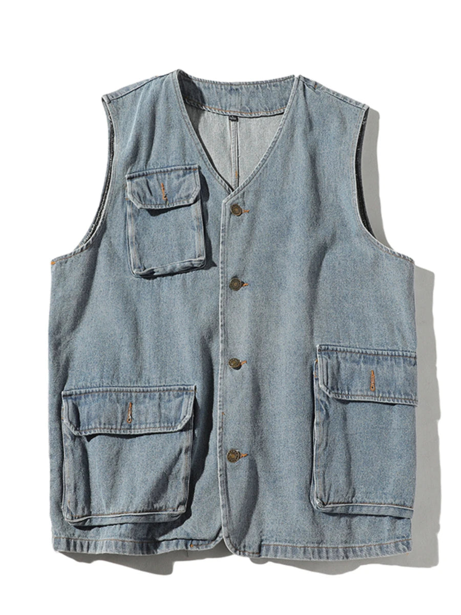 Hehope New Male Denim Waistcoat Veste Homme Men's Denim Vest Casual Slim Sleeveless Jacket Cowboy Vintage Pockets Jeans Vests