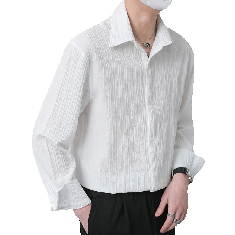 Hehope Summer Thin Shirt Men Slim Fit Fashion Social Mens Dress Shirt Korean Casual White Long Sleeved Shirt Mens Pleated Shirts M-2XL