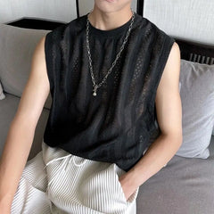 Hehope Fashion Man Clothes Round Neck Hollow Lace Vests Men's Personality Japanese Style Tank Tops