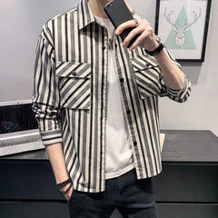 Hehope Spring Autumn Vintage Striped Printed Casual Blouse Homme Loose All-match Buttons Cardigans Male Pocket Shirt Top Men's Clothing