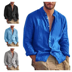 Hehope New Men's Solid Color Long Sleeve Shirt Linen Cotton Shirts Trend Plus-size Stand Collar Casual Lightweight Beach Shirts for Men