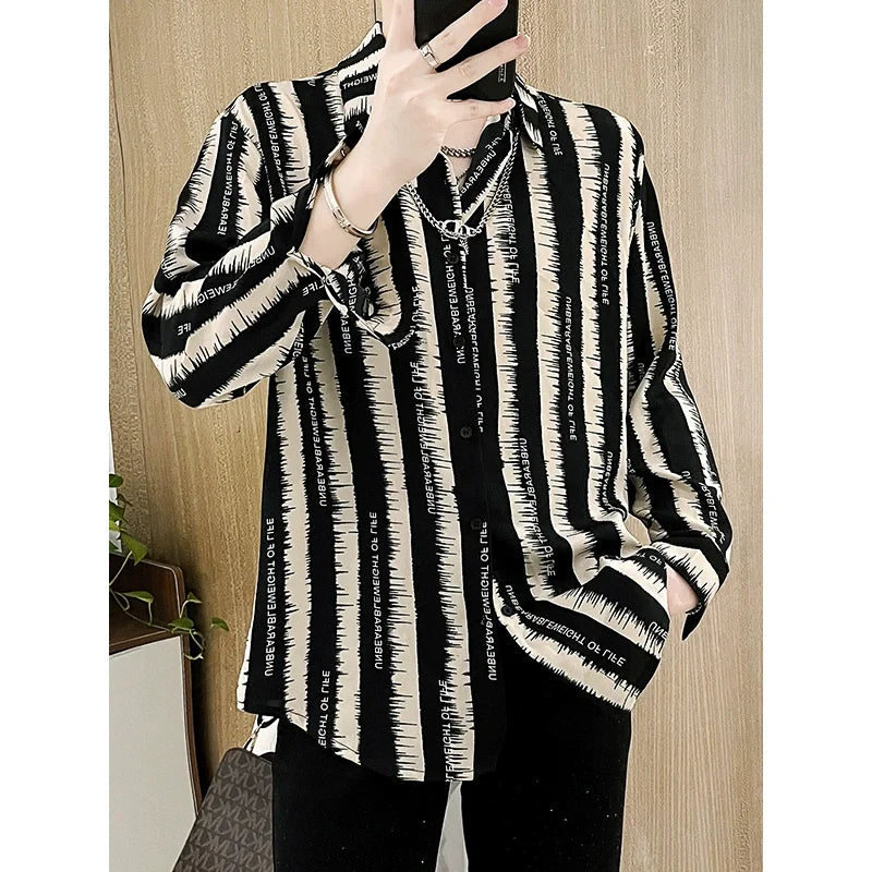 Hehope 2024 New Spring and Summer Pi Shuai Casual Loose Fashion Trend Thin Flip Collar Letter Printed Stripe Long Sleeved Shirt for Men