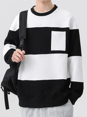 Hehope Autumn Striped Sweatshirts Men Streetwear Patchwork Pockets O-Neck Long Sleeve Cotton Pullovers Hoodie Tops Plus Size 8XL